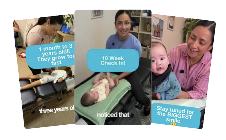 Three YouTube Shorts thumbnails of Dr. Aimee adjusting babies and a young child, fanned together with captions