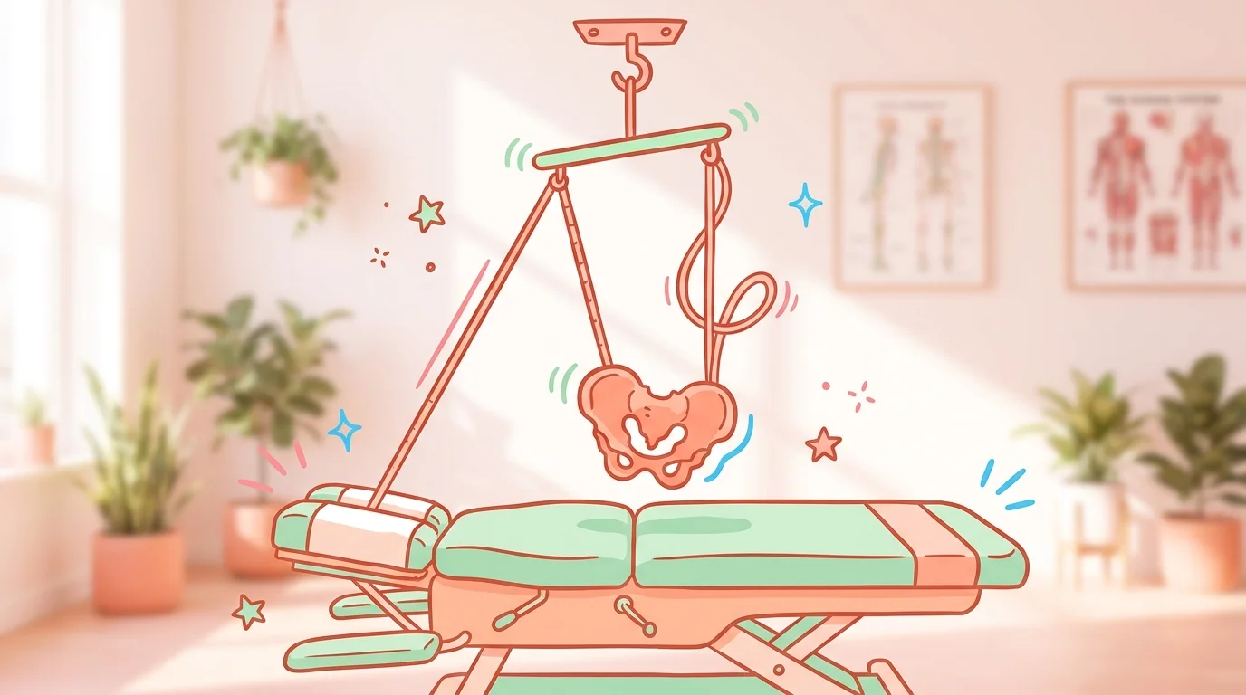 Illustration panel showing round ligament tension linked to pelvic position