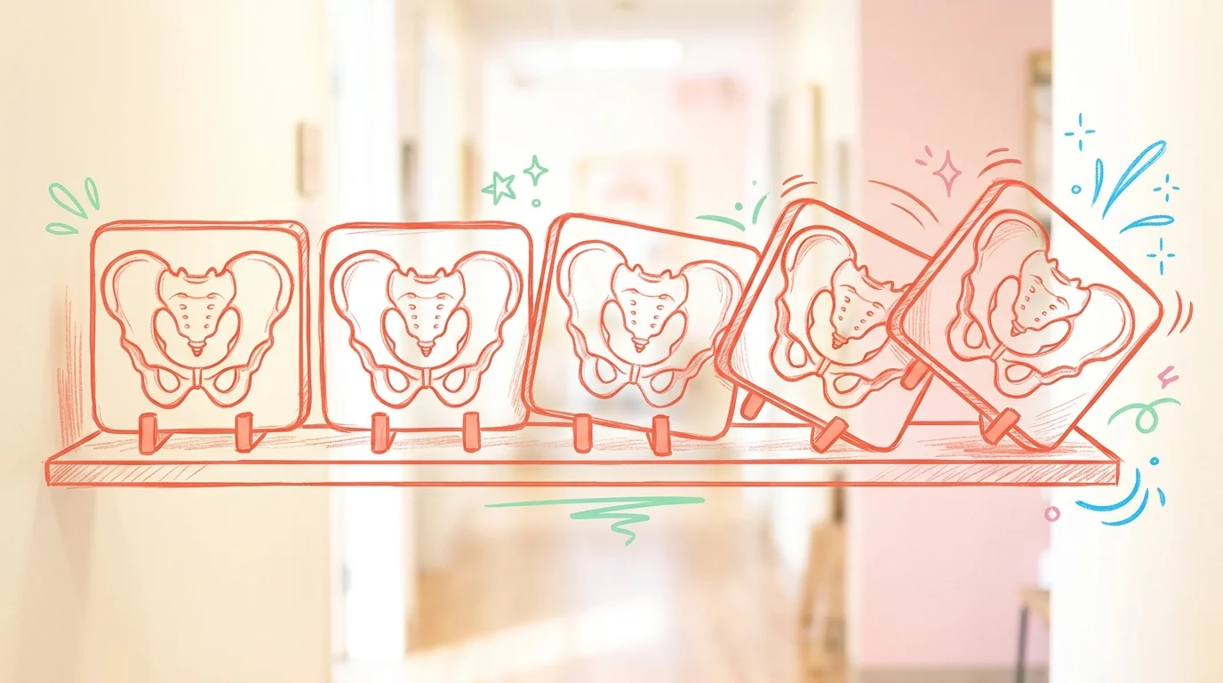 Timeline showing pelvic asymmetry progression across milestones