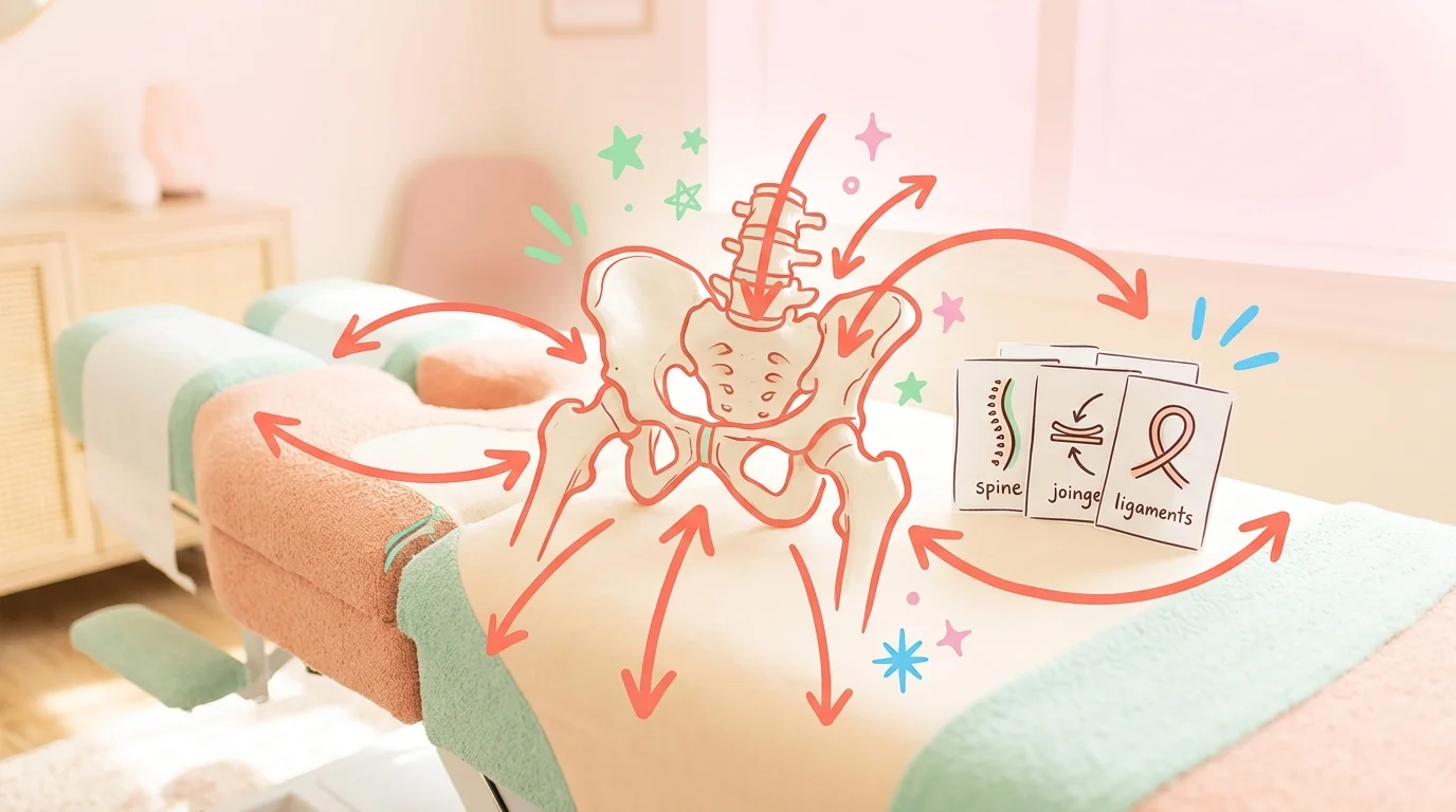 Pelvis model on chiropractic table showing third trimester shifts